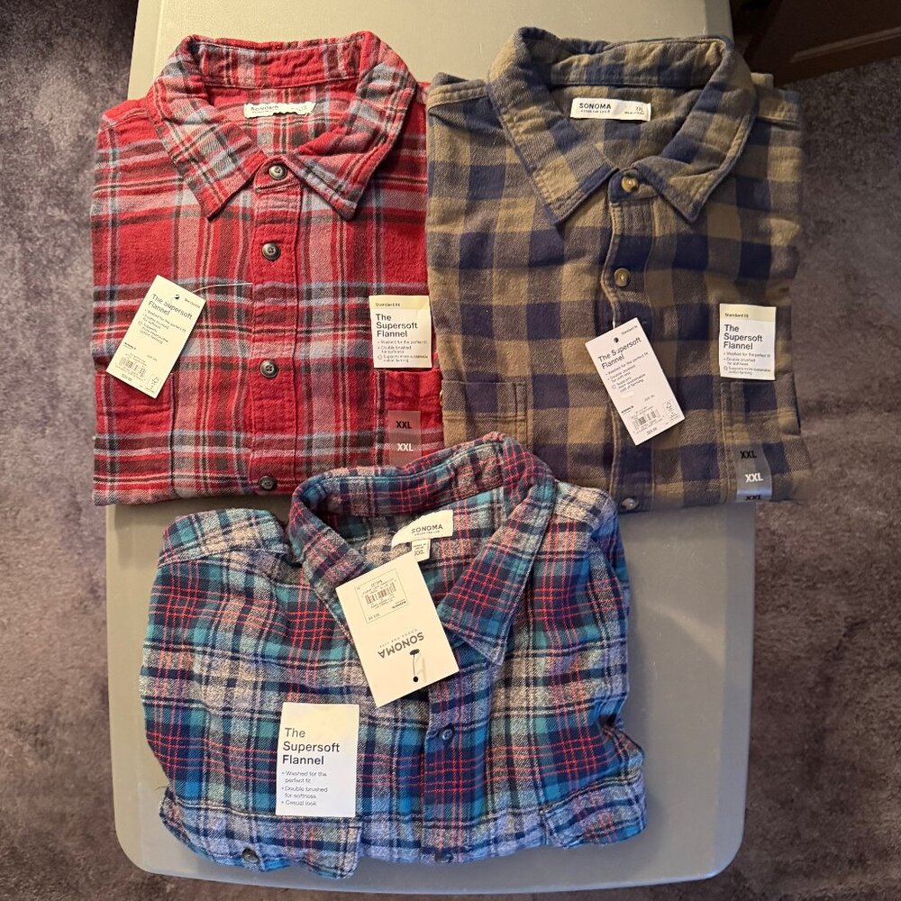 3 SONOMA Plaid Supersoft Flannel Shirts Long Sleeve XXL Multicolor BNWT